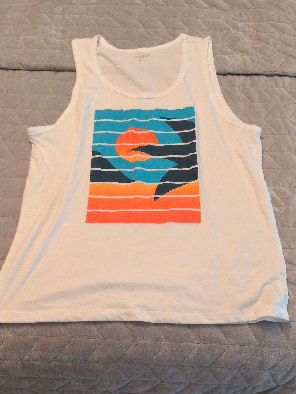 Old Navy White Tank Top with Blue, Orange and Black Graphic